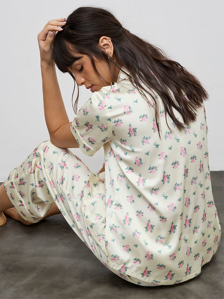 Wunderlove Light Yellow Floral Printed Shirt and Pyjamas Set