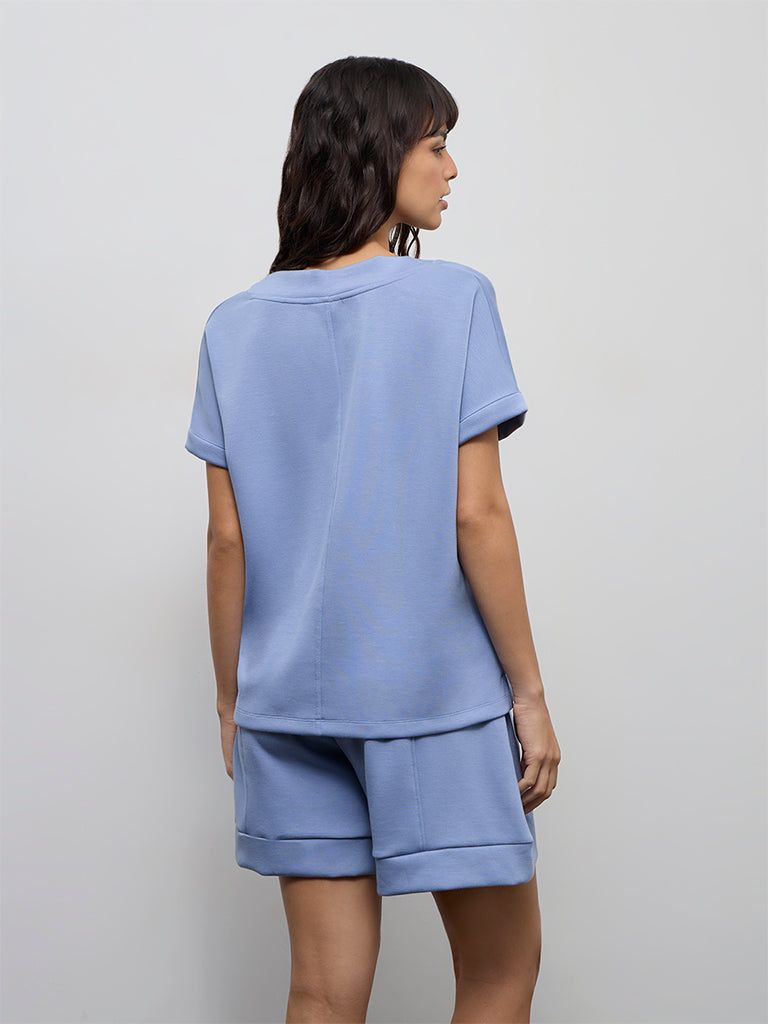 Wunderlove Dusty Blue Solid V-Neck Top