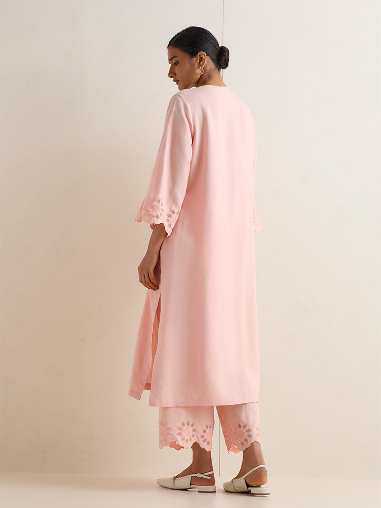 Zuba Peach Floral Embroidered A-Line Kurta