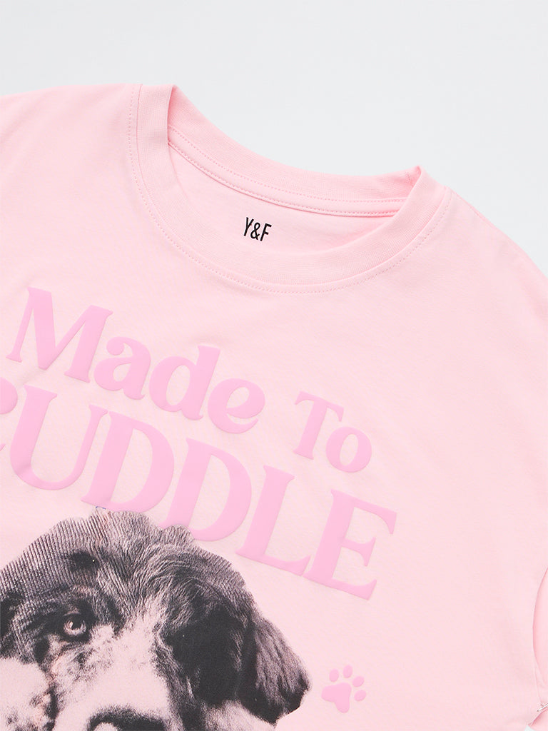 Girls Pink Printed Cotton T-Shirt