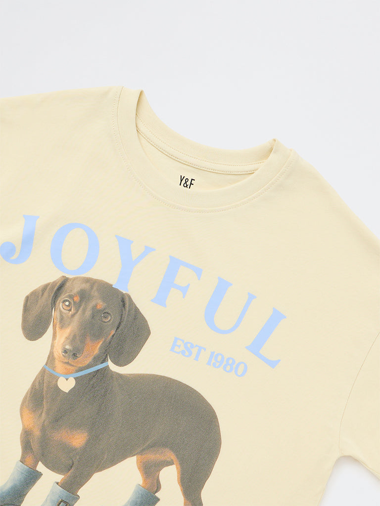 Girls Yellow Printed Cotton T-Shirt