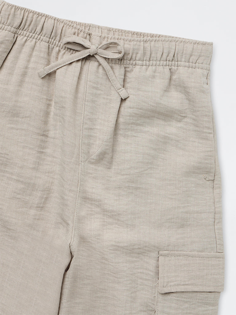 Girls Light Taupe Crinkle-Textured High-Rise Cargo Trousers