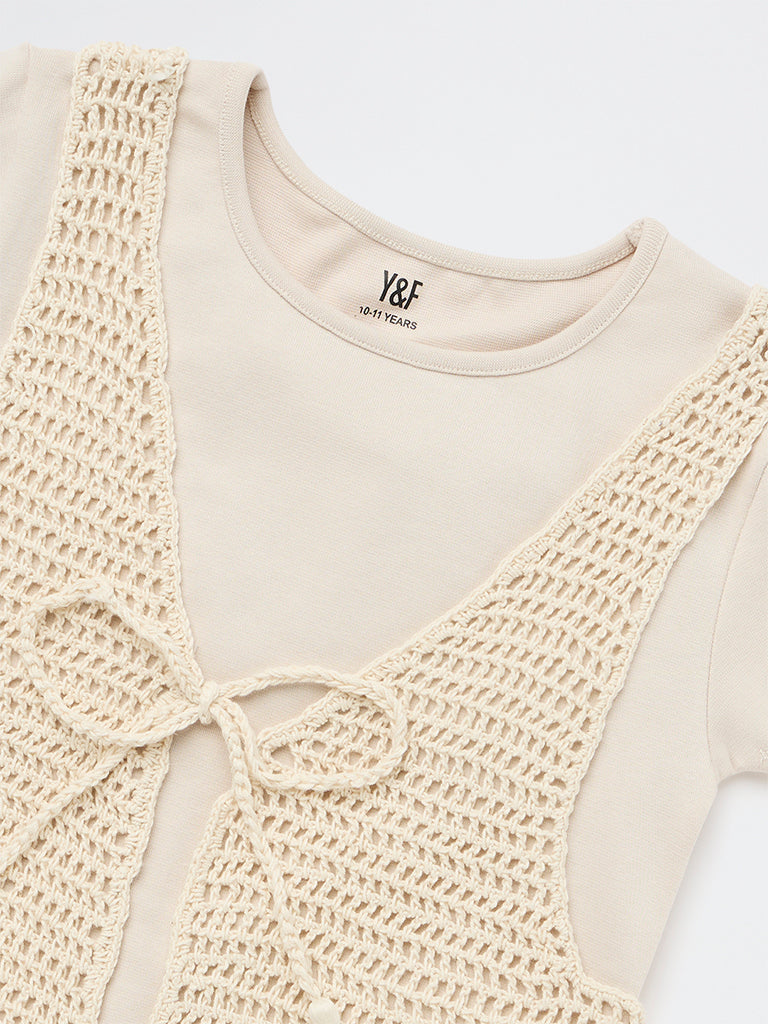 Girls Beige Crochet Design Cotton-Blend Waistcoat with T-Shirt Set