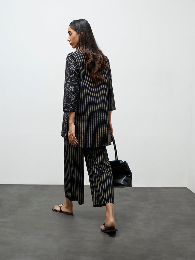 Utsa Black Printed High-Low Cotton-Blend Tunic