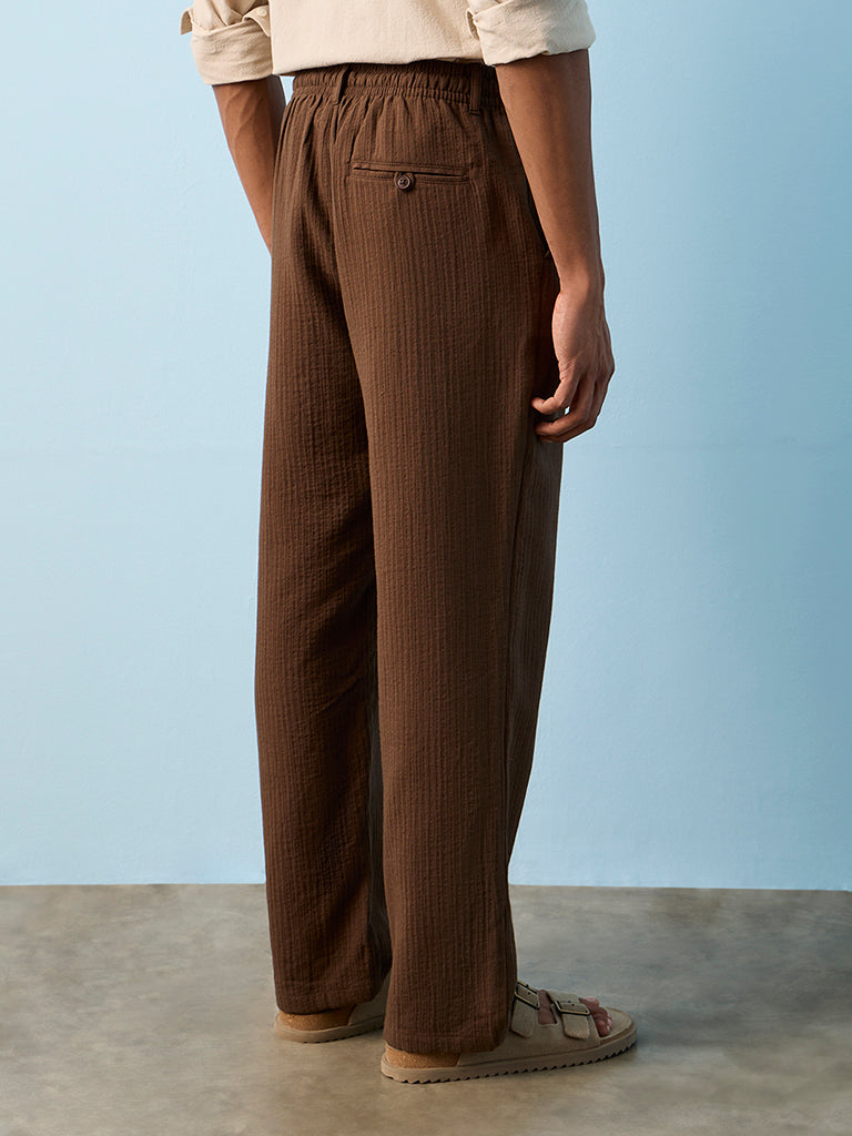 ETA Brown Textured Relaxed-Fit Mid-Rise Cotton Pants