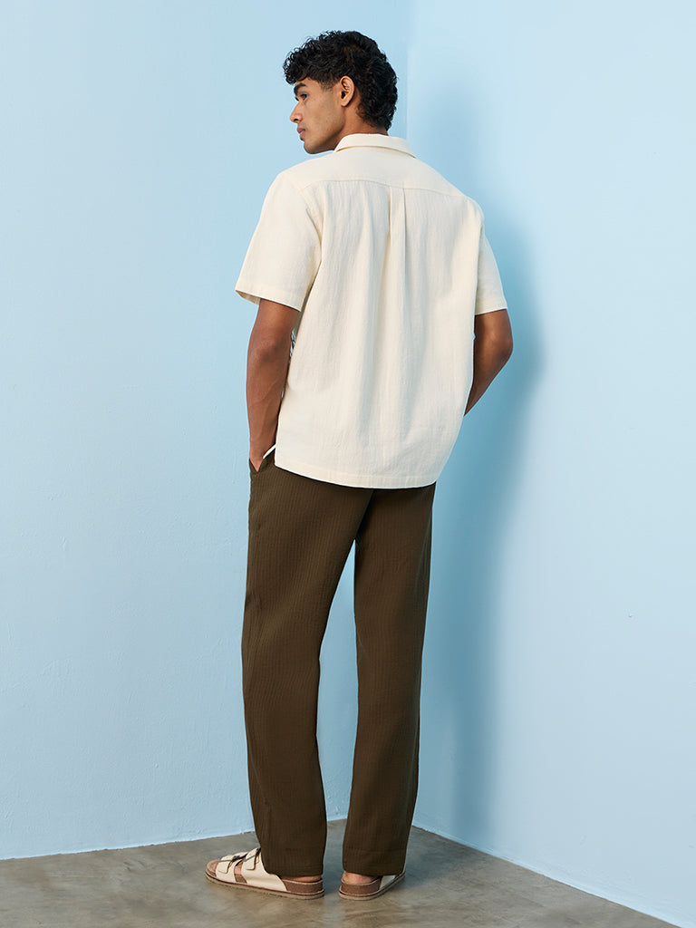 ETA Dark Olive Textured Relaxed-Fit Mid-Rise Cotton Pants