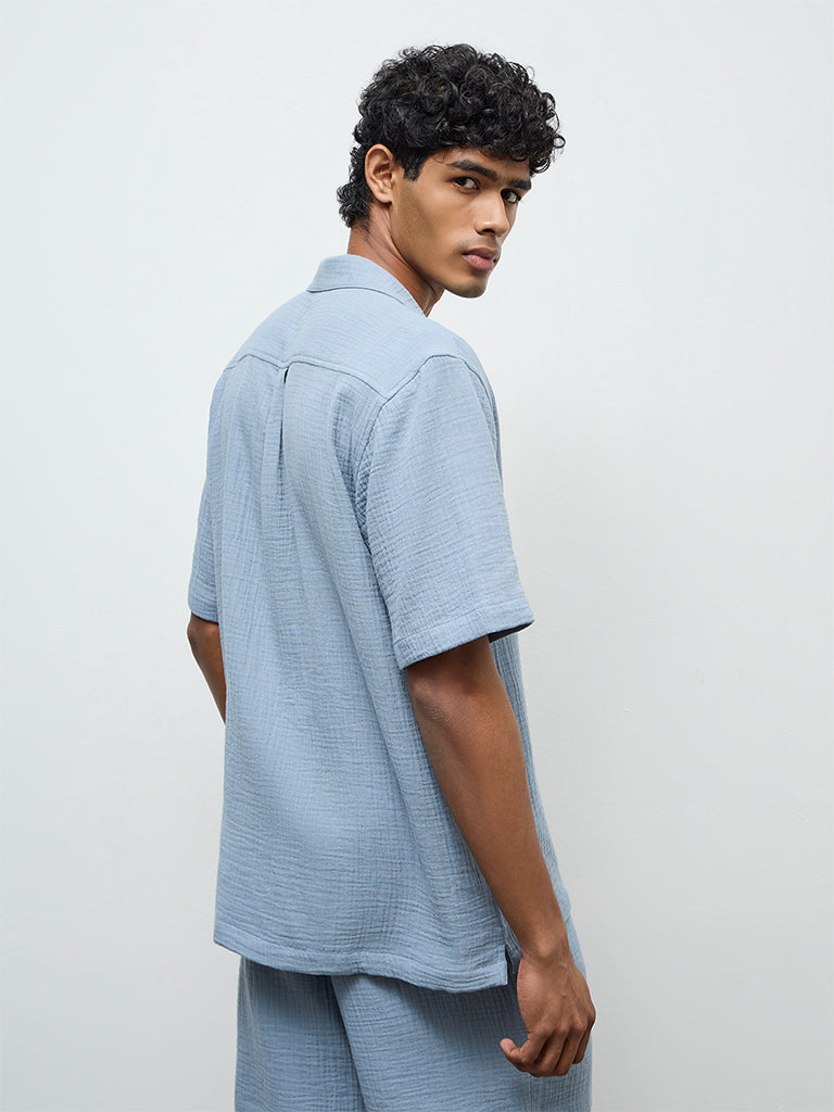 ETA Light Blue Crinkle-Textured Relaxed-Fit Cotton Shirt