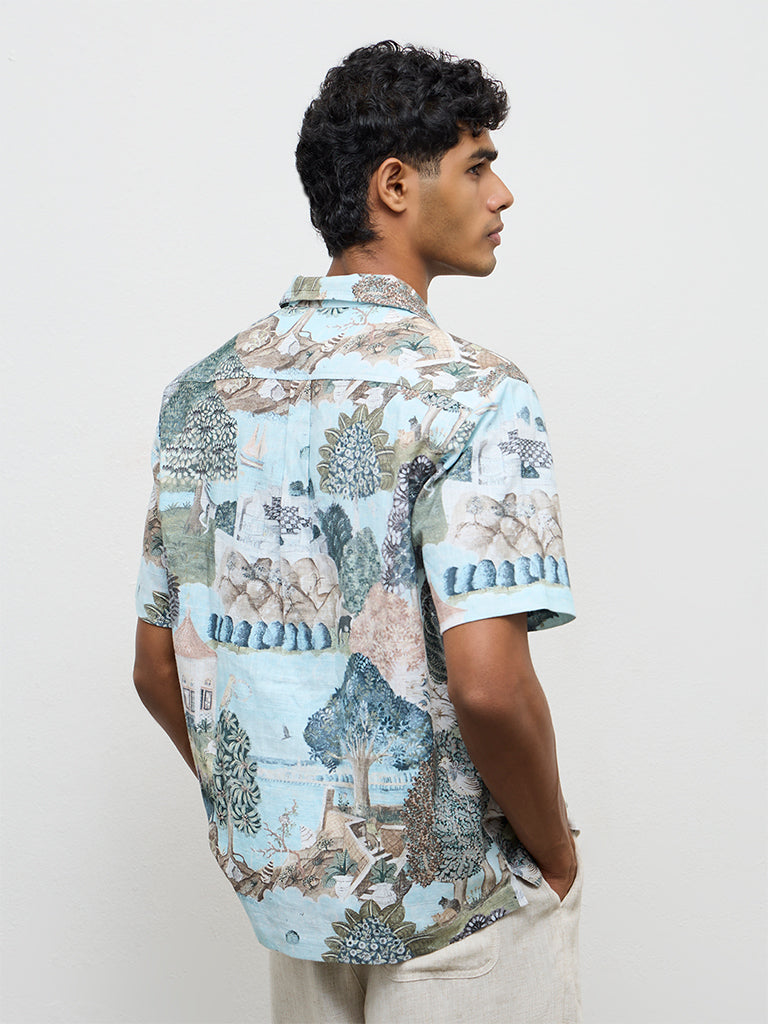 ETA Light Teal Scenic Printed Relaxed-Fit Cotton Shirt