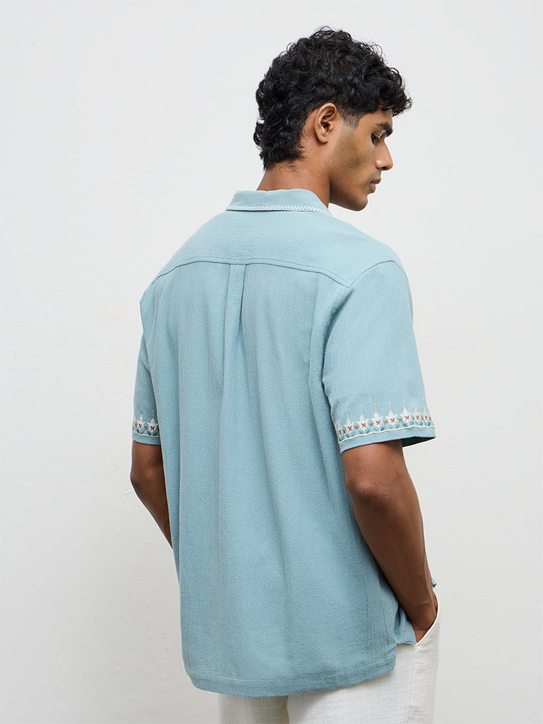 ETA Light Teal Embroidered Relaxed-Fit Cotton Shirt