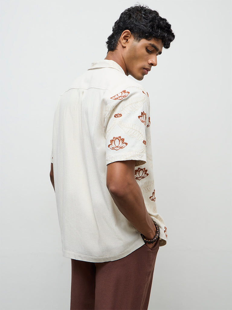 ETA Off-White Floral Embroidered Relaxed-Fit Cotton Shirt