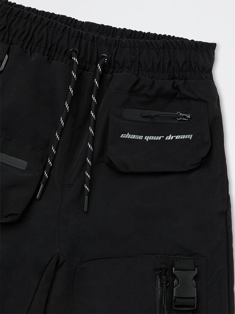 Boys Black Text-Detailed Mid-Rise Shorts