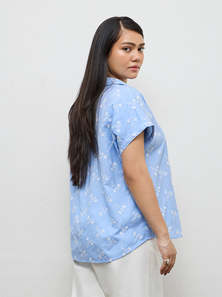 Gia Blue Floral Embroidered Cotton Shirt