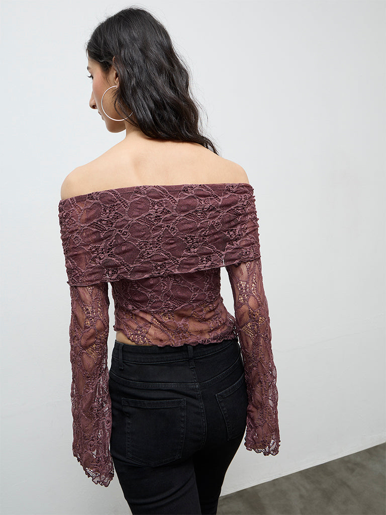 Nuon Dark Brown Laced Off-Shoulder Top
