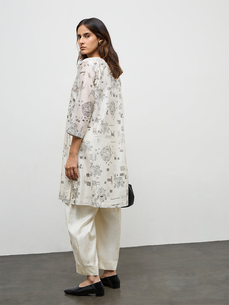 Zuba Ivory Printed Cotton-Blend A-Line Kurta