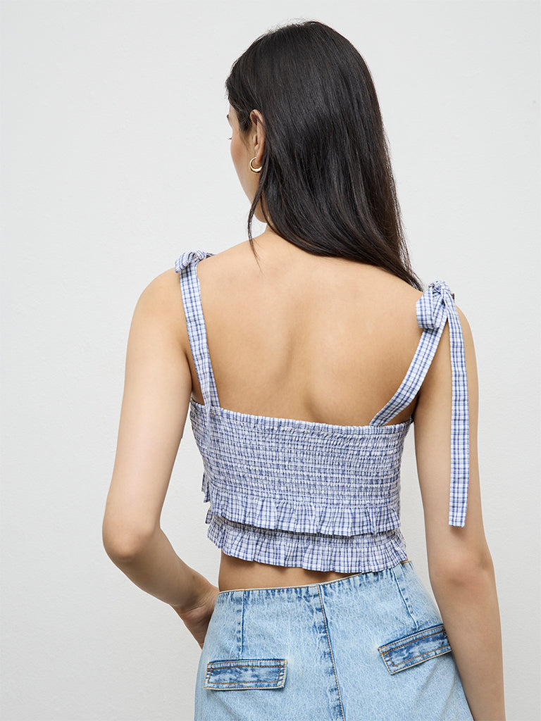 Nuon Navy Checkered Smocked Cotton Top