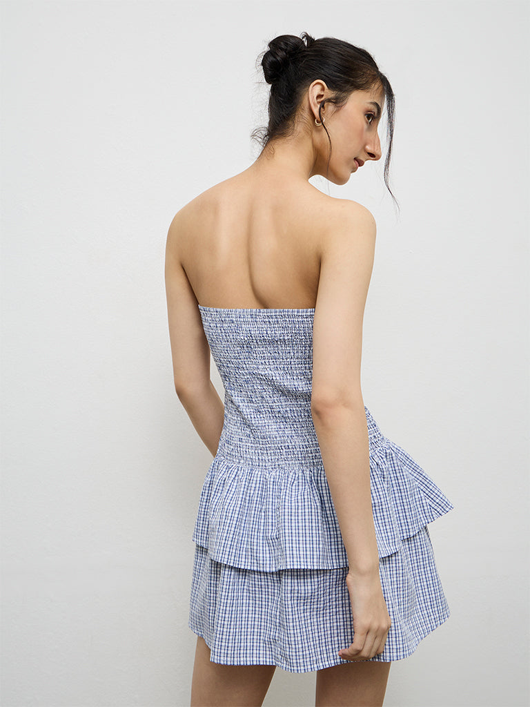 Nuon Navy Checkered Smocked Cotton Tiered Dress