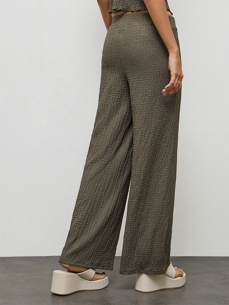 Nuon Olive Textured High-Rise Pants