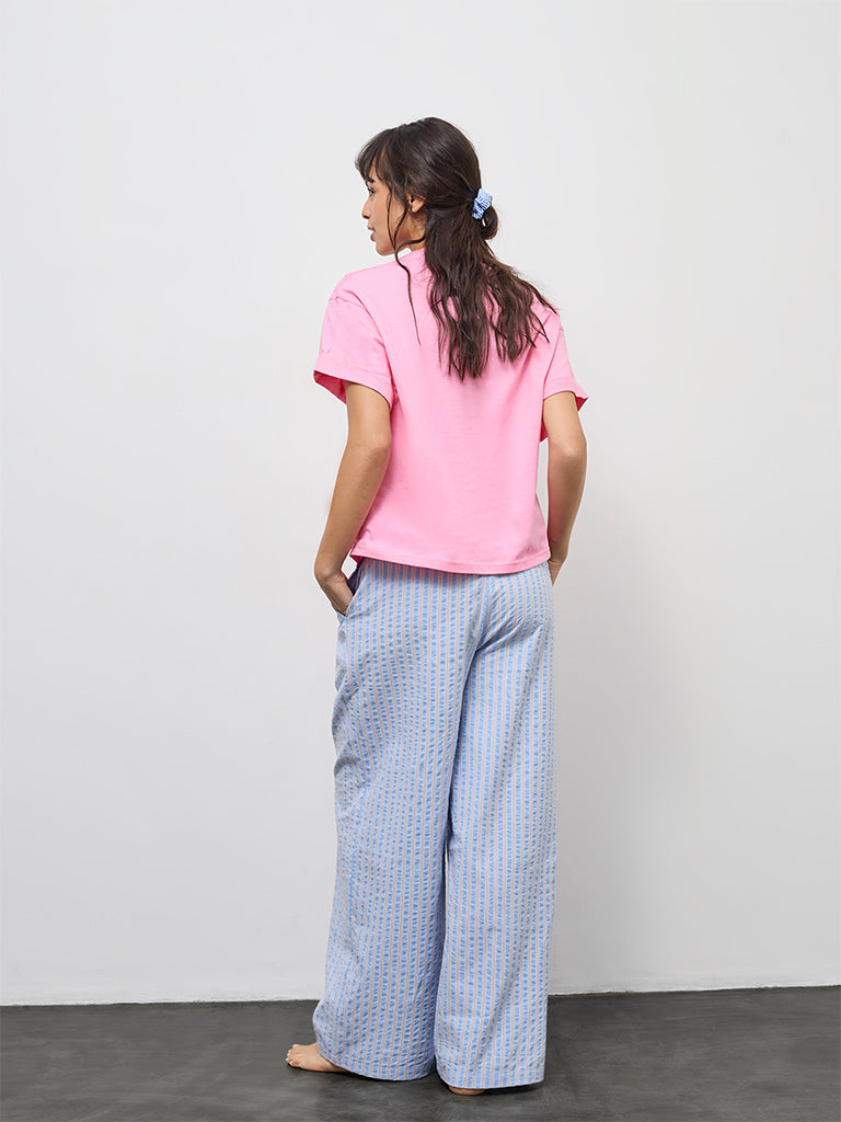 Wunderlove Blue Striped High-Rise Cotton-Blend Pants
