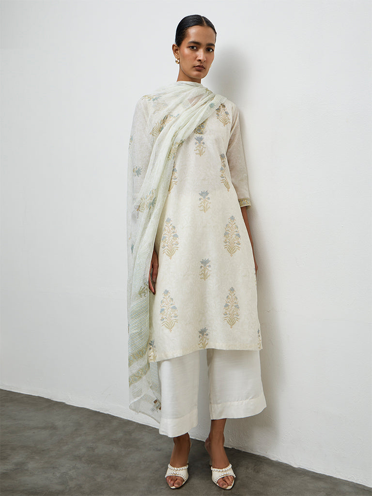 Zuba Ivory Foliage Printed Cotton-Blend Dupatta