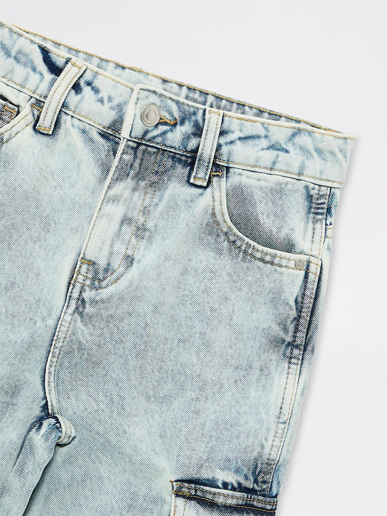 Boys Blue Faded Cargo-Style Mid-Rise Jeans