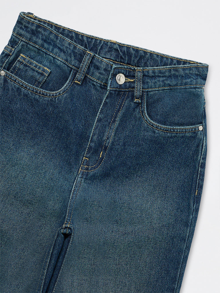 Girls Dark Blue Washed Mid-Rise Jeans
