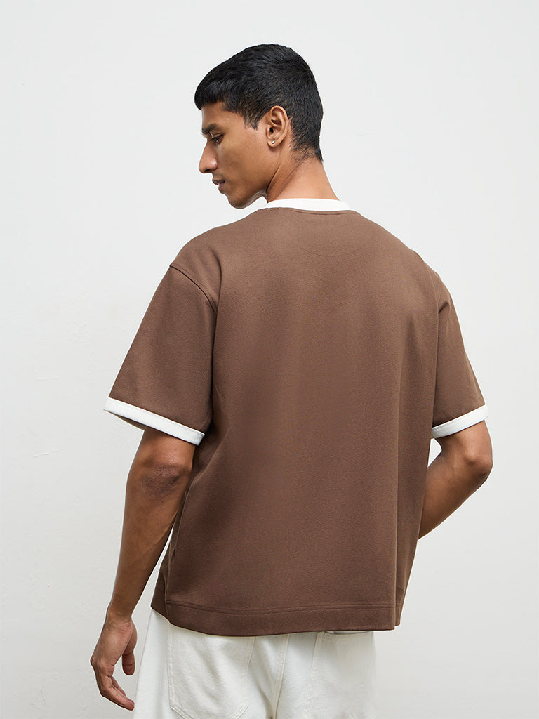Nuon Brown Contrast Detailed Relaxed-Fit Cotton-Blend T-Shirt