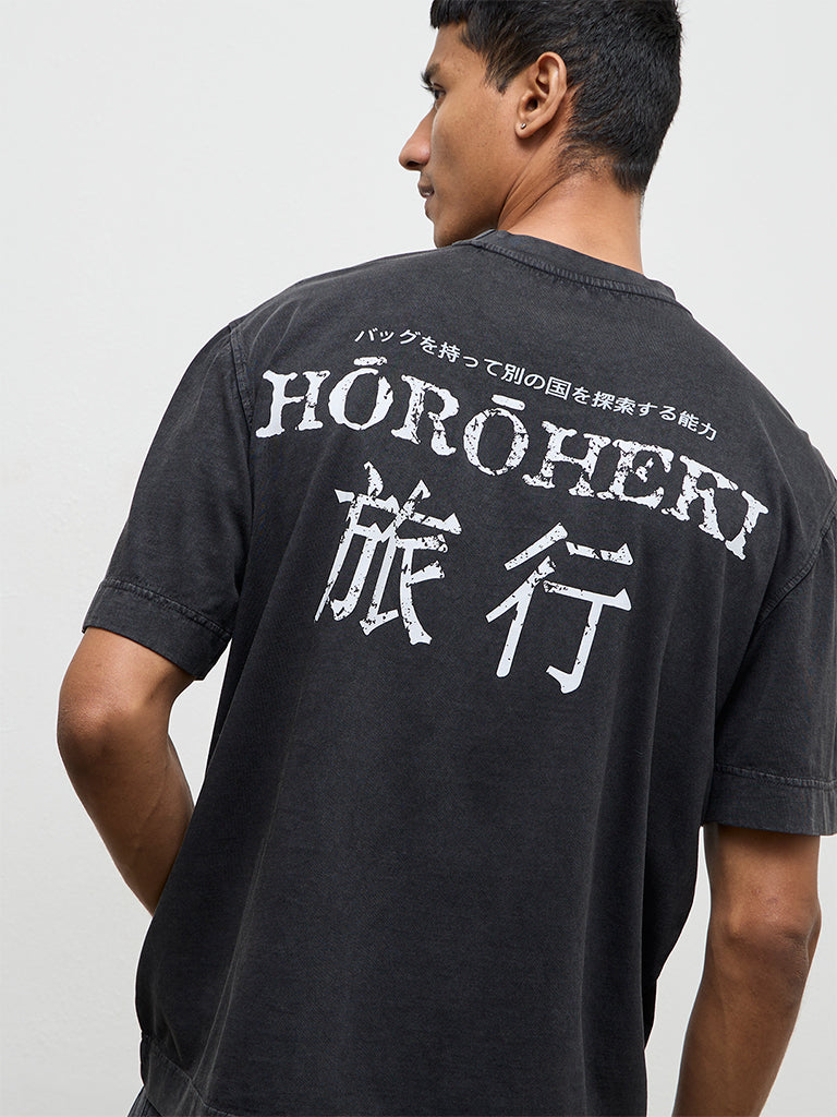 Nuon Charcoal Printed Relaxed-Fit Cotton T-Shirt