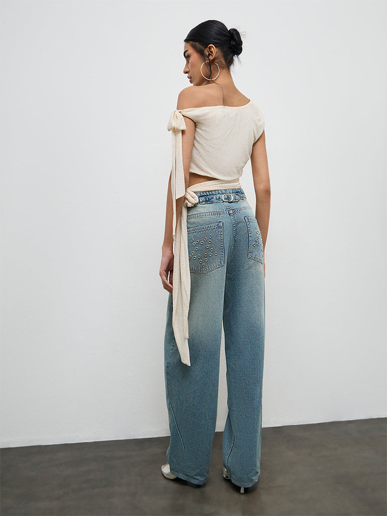 Nuon Cream Studded Tie-Up One-Shoulder Top