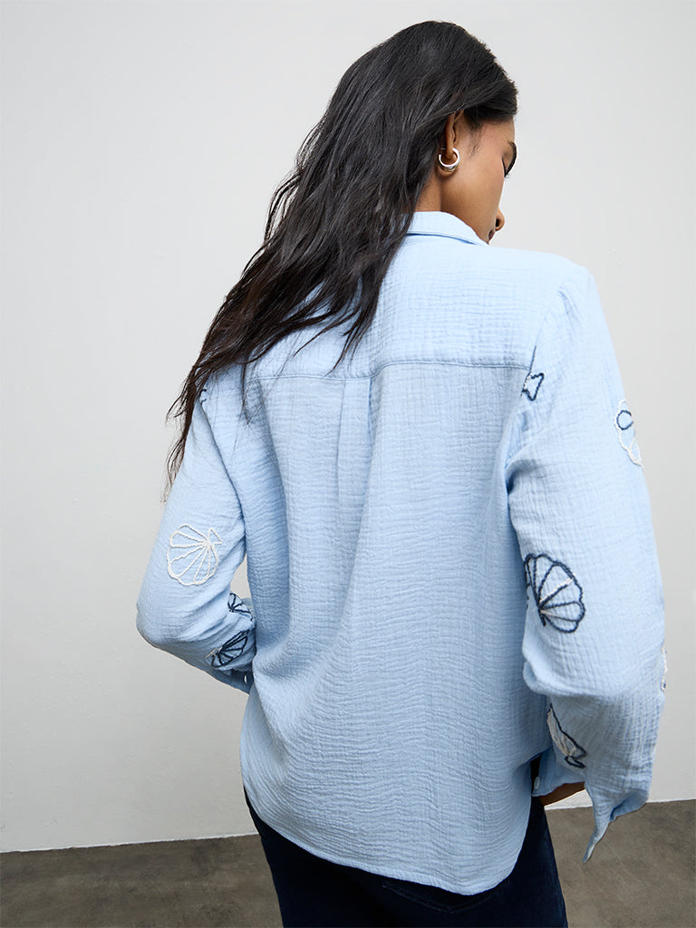 LOV Light Blue Seashell Embroidered Shirt