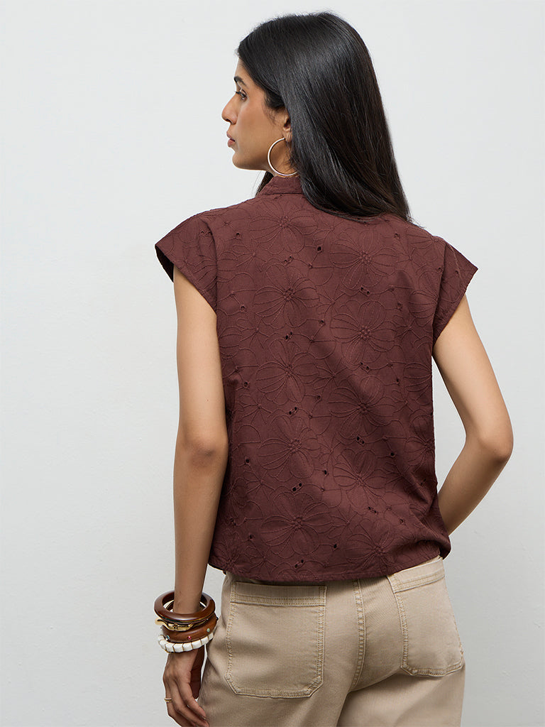 LOV Dark Brown Floral Embroidered Cotton Blouse