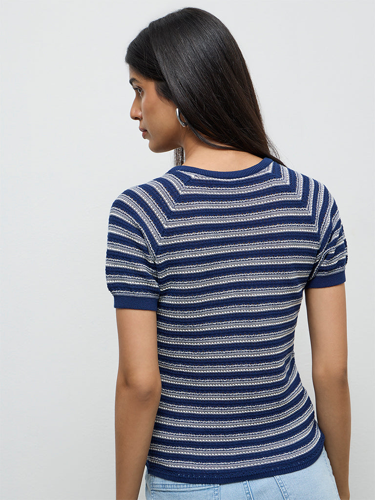 LOV Navy Striped Knit-Textured T-Shirt