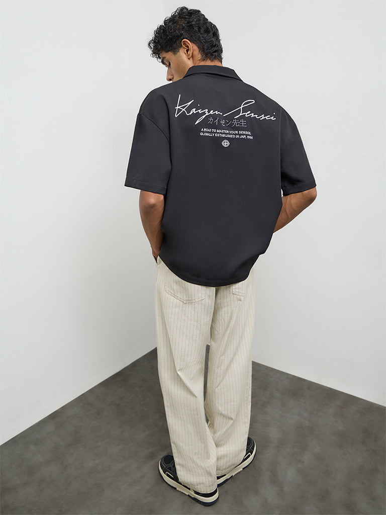 Nuon Black Text Embroidered Relaxed-Fit Shirt