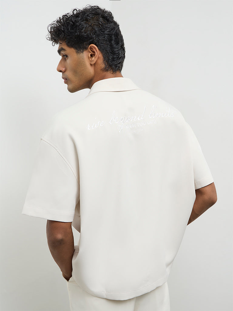 Nuon Light Beige Text-Detailed Boxy-Fit Shirt