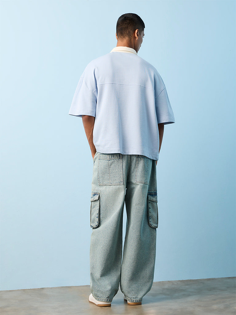 Nuon Light Blue Skater-Fit Mid-Rise Cargo Jeans