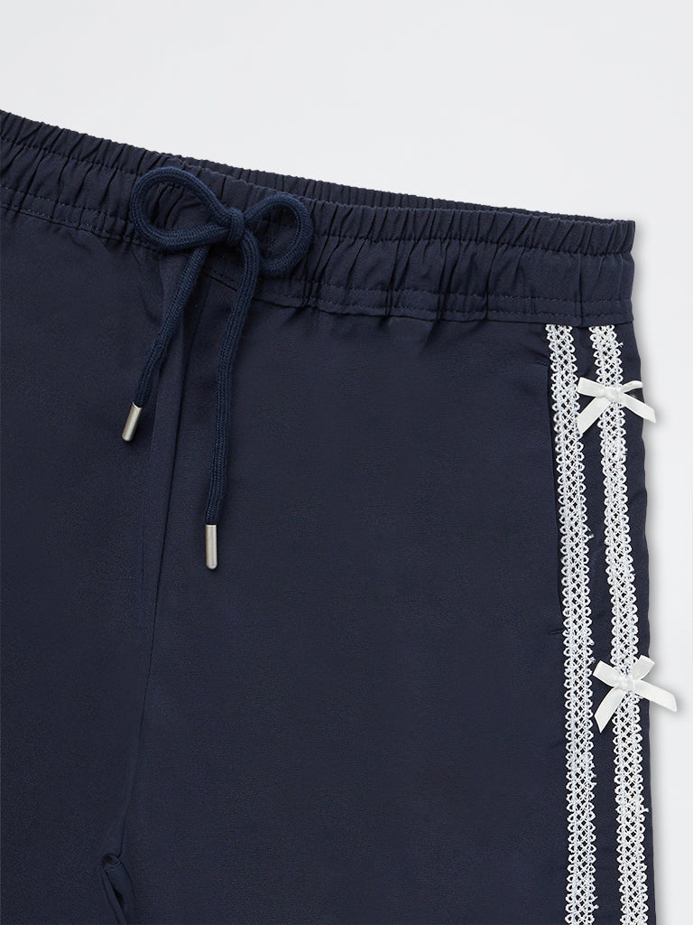 Girls Navy Bow-Detail High-Rise Track Pants
