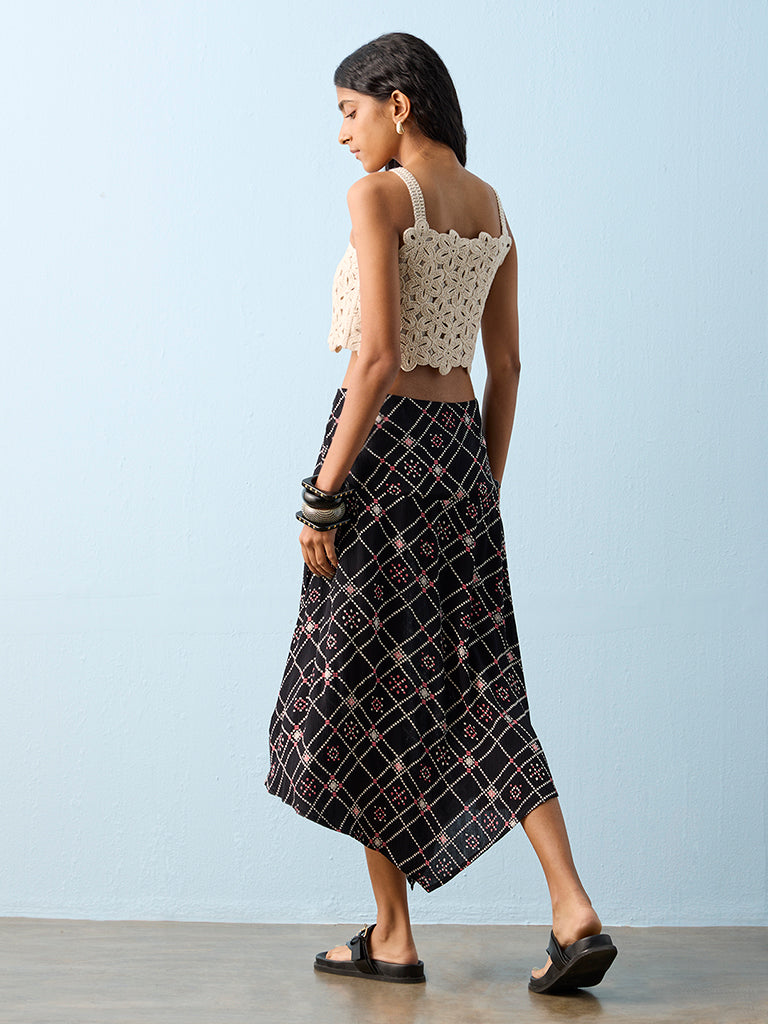 Bombay Paisley Black Printed Asymmetrical Cotton-Blend Skirt