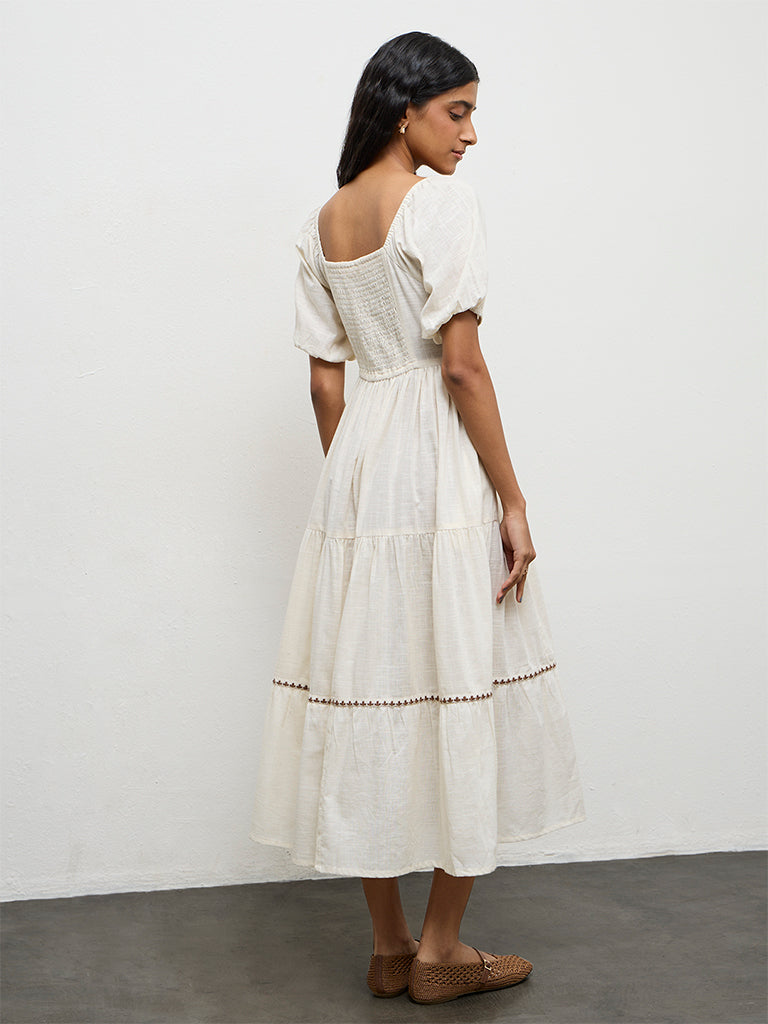 Bombay Paisley Off-White Embroidered Cotton Tiered Dress
