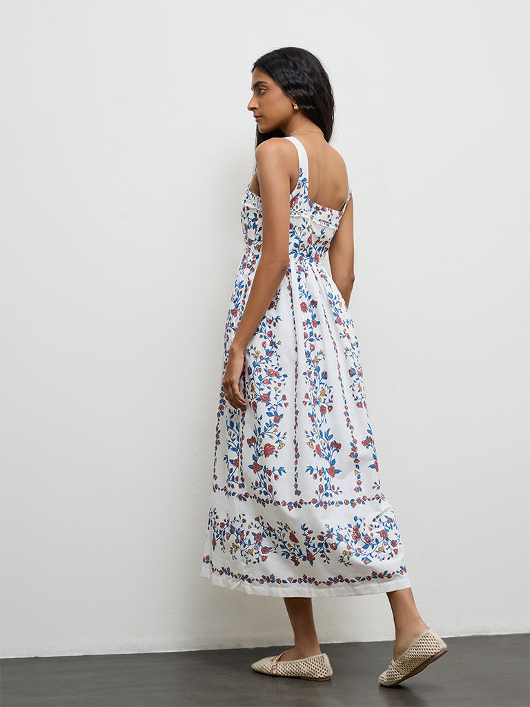 Bombay Paisley Off-White Floral Printed Cotton A-Line Dress