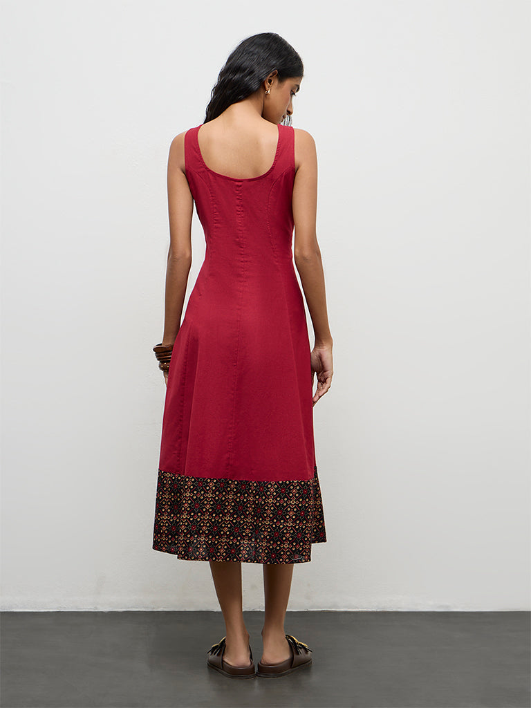 Bombay Paisley Red Embroidered Cotton-Blend A-Line Dress