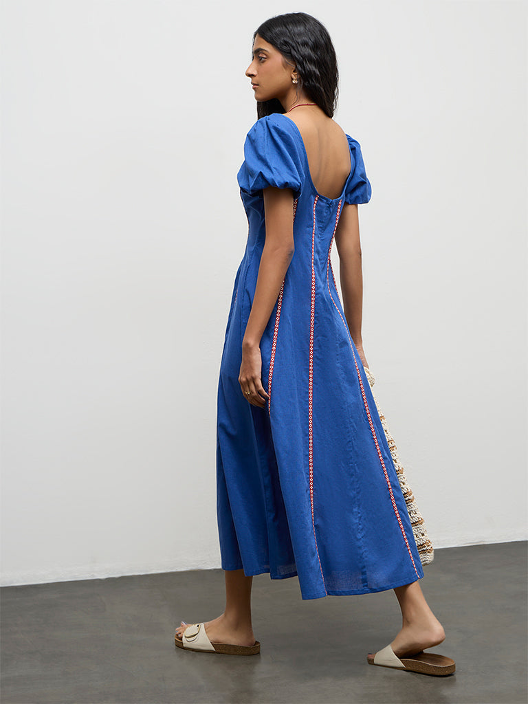 Bombay Paisley Blue Embroidered Cotton-Blend A-Line Dress