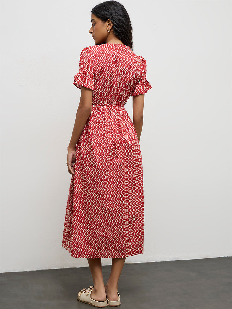 Bombay Paisley Red Chevron Printed Cotton A-Line Dress