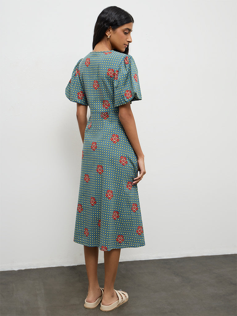 Bombay Paisley Teal Floral Printed Cotton A-Line Dress