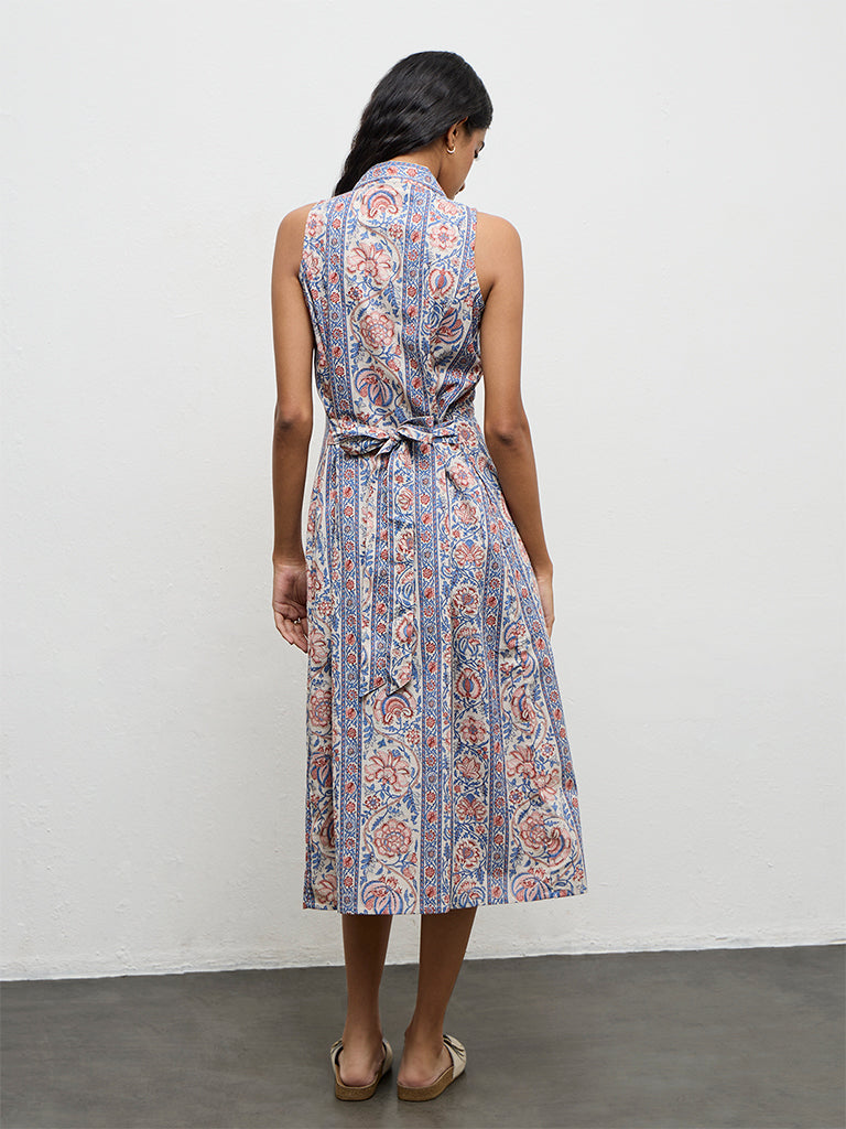 Bombay Paisley Blue Floral Printed Cotton A-Line Dress