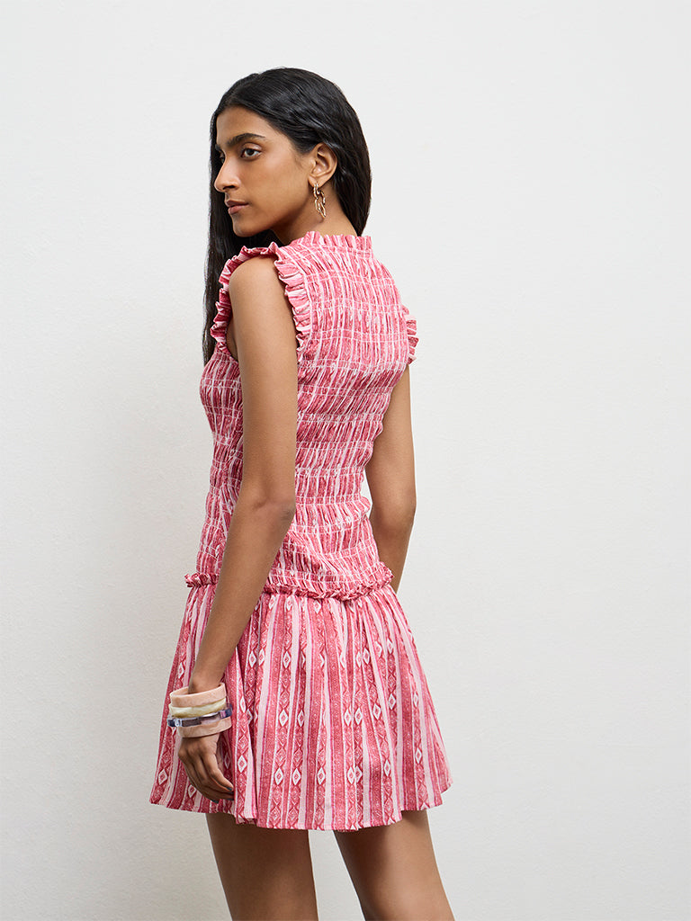 Bombay Paisley Pink Ikat Printed Smocked Cotton-Blend A-Line Dress