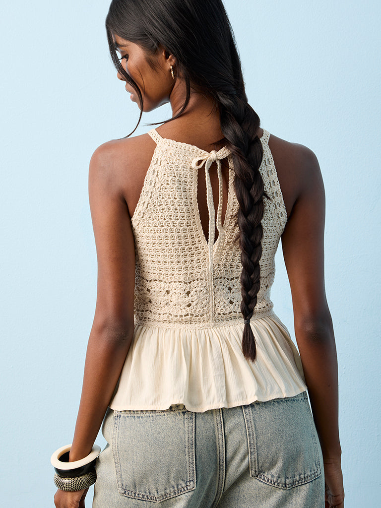 Bombay Paisley Off-White Crochet Design Cotton-Blend Peplum Top