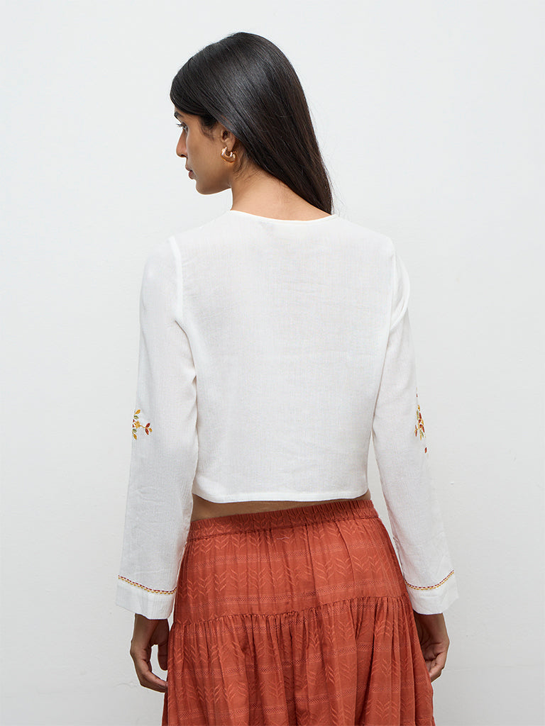 Bombay Paisley White Embroidered Cotton Blouse