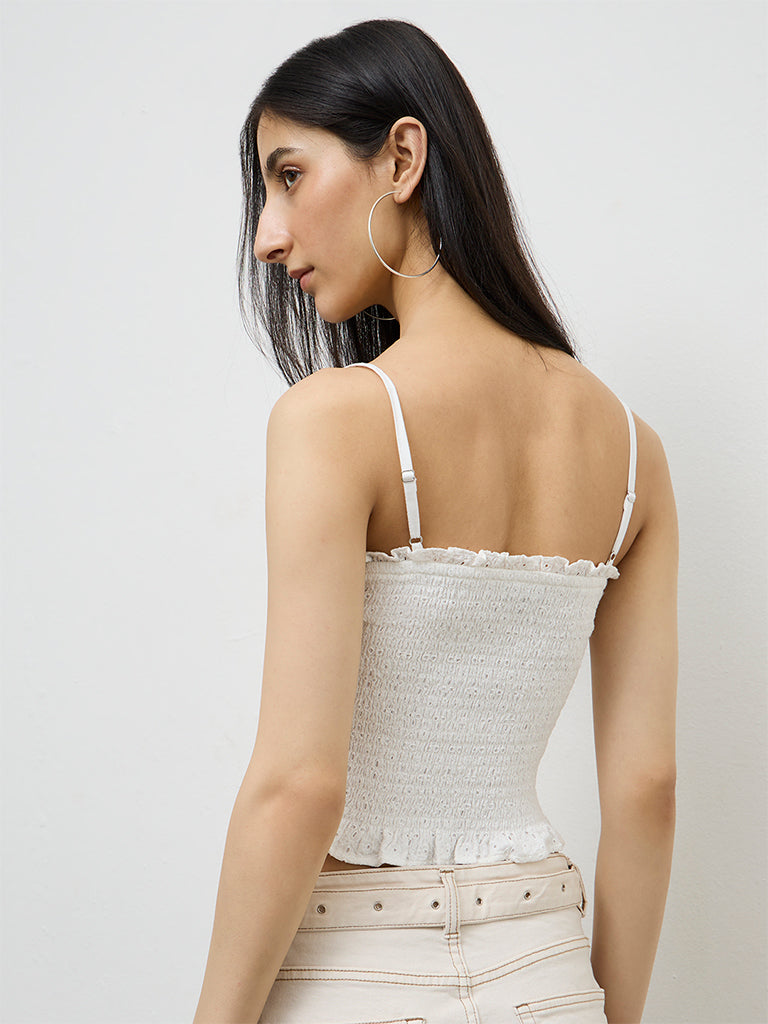 Nuon White Smocked Cotton Top