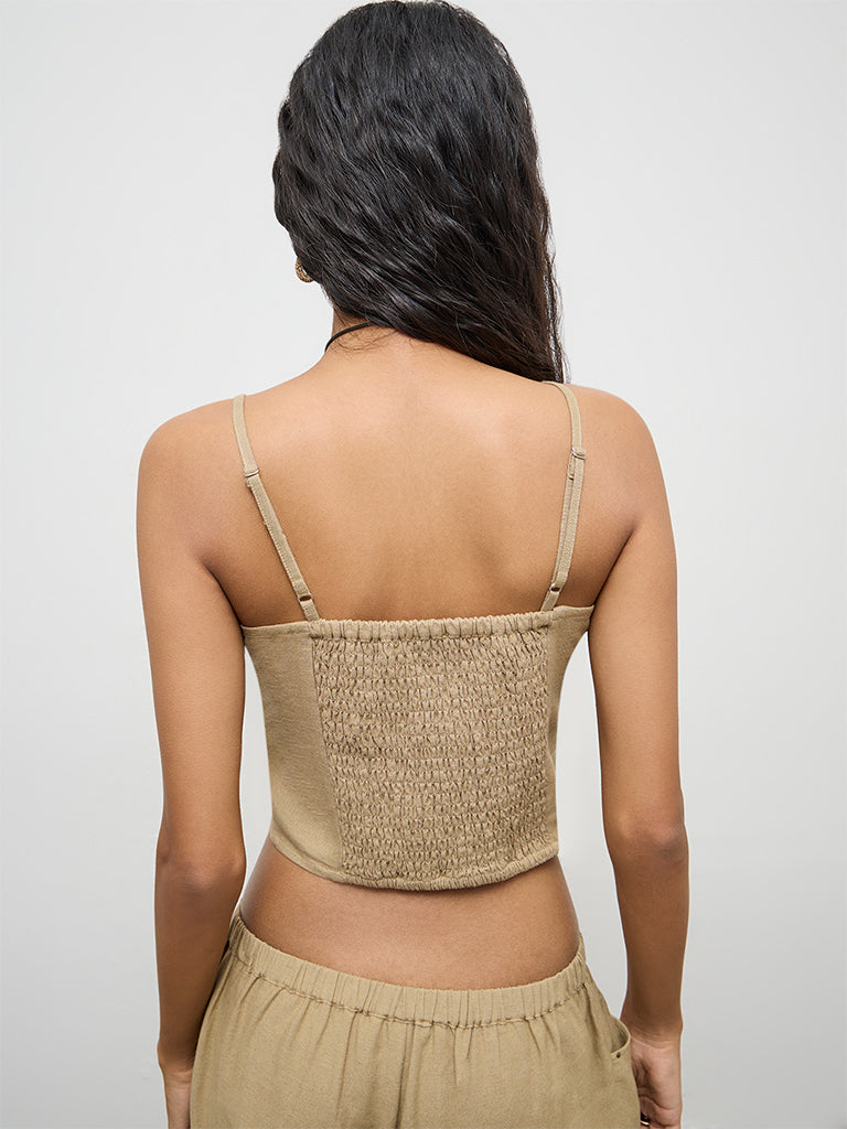Nuon Khaki Embellished Linen Top