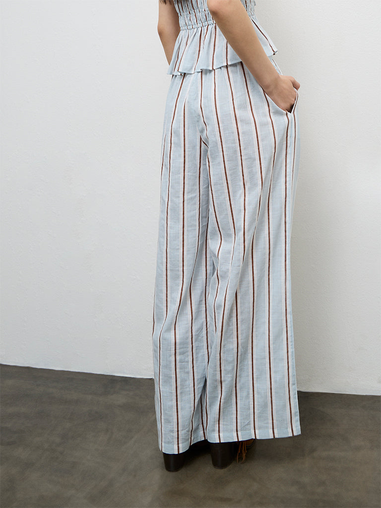 Nuon Light Blue Striped High-Rise Linen Trousers