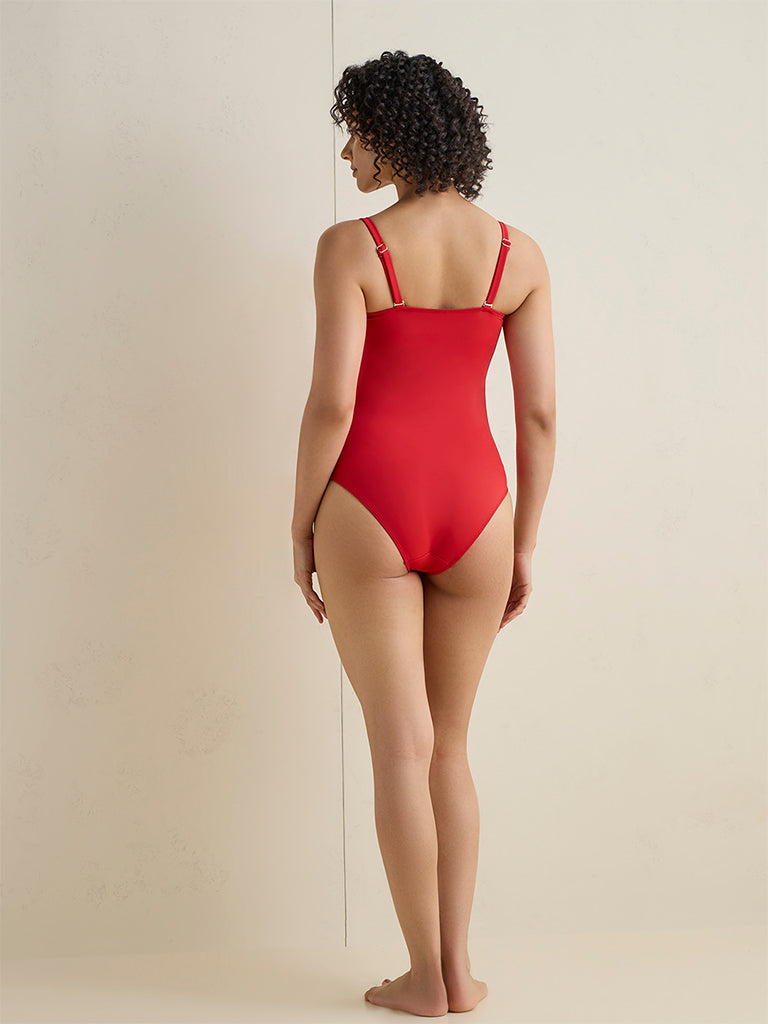 Wunderlove Swimwear Red Ruched Bandeau Swimsuit